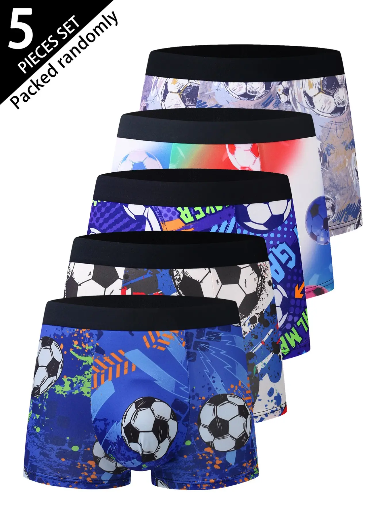 Men's Football Print Briefs Set, Breathable High Elasticity Mid-Waist Casual Underwear, Youth Trendy Four-Sided Pants, 5-Pack Random Design, Underwear Boxer Briefs