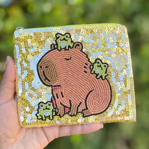 Capybara Beaded Pouch - Gold Sequin Cute Animal Zipper Bag