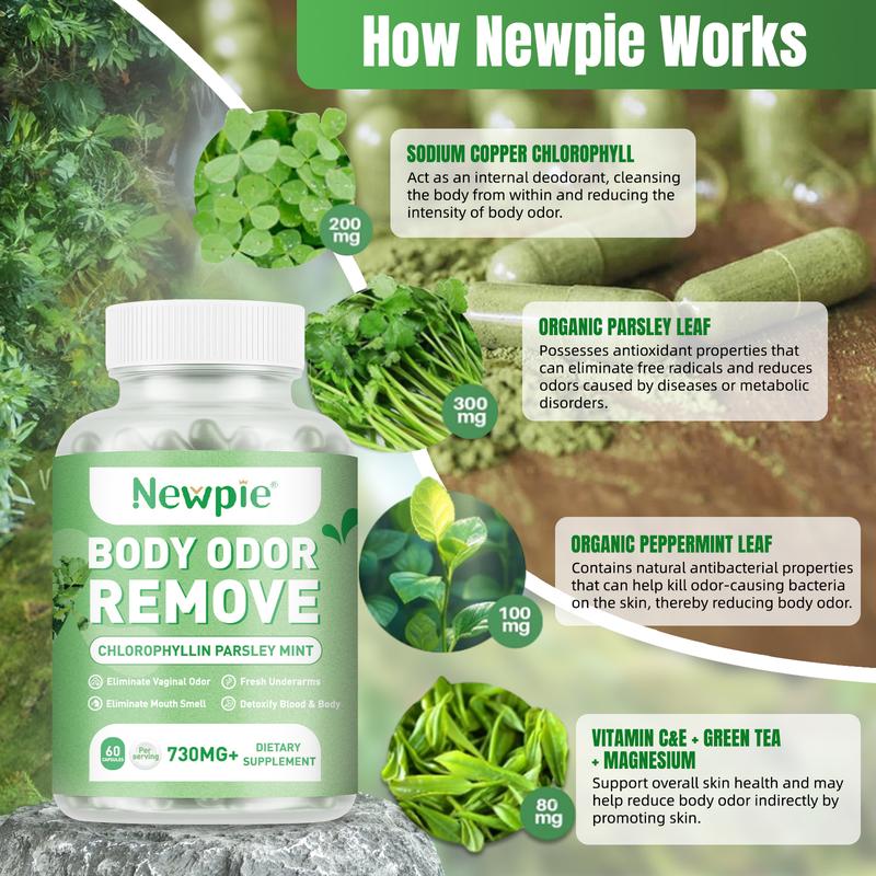 Chlorophyll Body Deodorizing Supplement - Internal Deodorant Pills for Women & Men, Whole Body Odor Eliminator Capsules, 60 Count