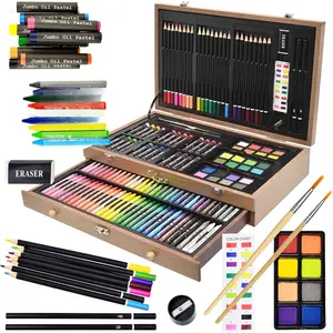 145 count Deluxe Art Set, Wooden Art Box & Drawing Kit with Crayons, Oil Pastels, Colored Pencils, Watercolor Cakes, Sketch Pencils,  Brush, Sharpener, Eraser, Color Chart (Tan)