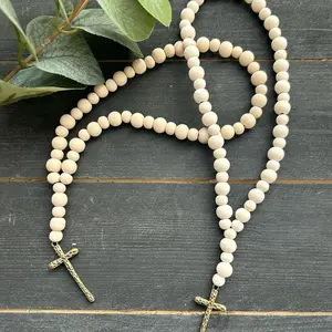 Hammered Cross-Wood Bead Car Charm- Christian Accessories- Antique Bronze Cross