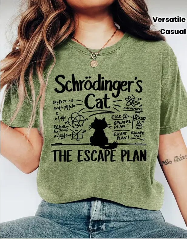 Schrodinger's Cat The Escape Plan Science Math Formula Print Heather Green Crew Neck Casual Short Sleeve Nerd Teacher Graphic T-Shirt