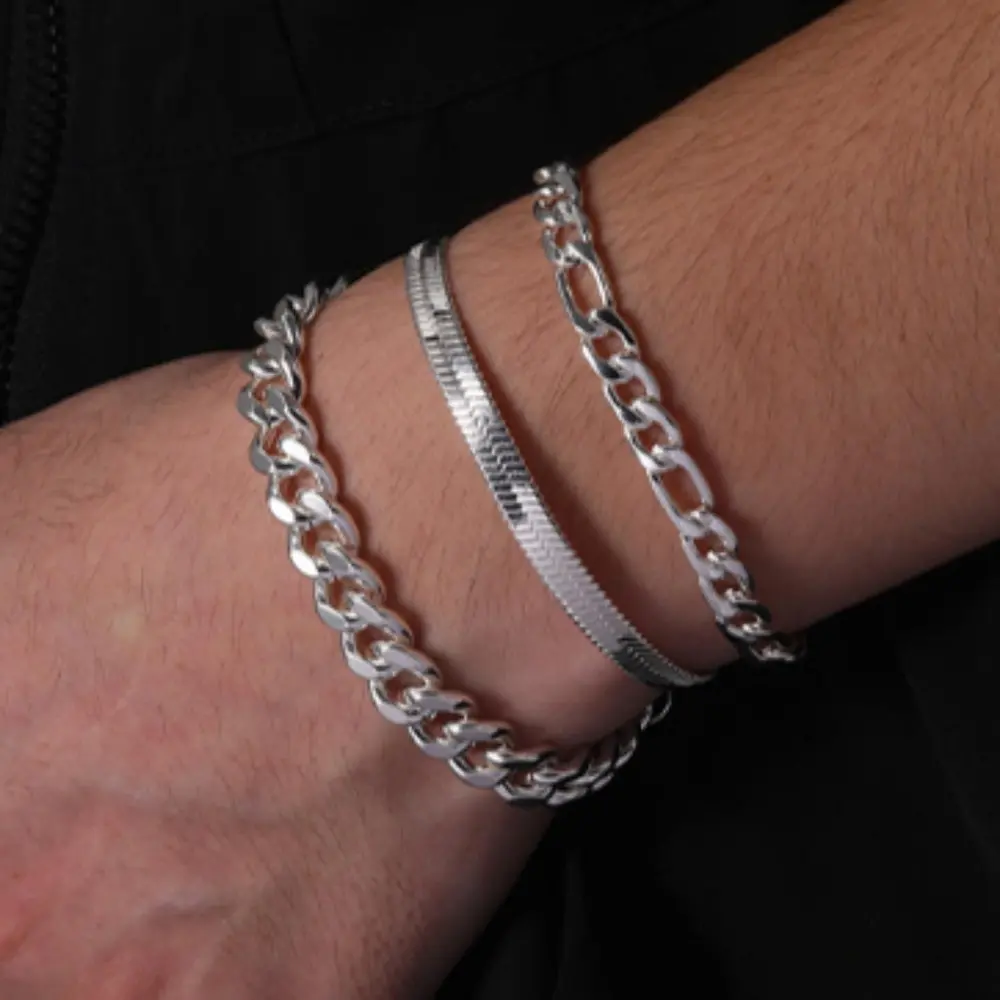 3 Pcs Chain Bracelet for Men Women, Stainless Steel Silver Cuban Herringbone Figaro Link Chain Wrist Bracelets Set Jewelry Gifts