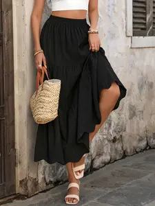 Women's Summer High Waist A-Line Bohemian Skirt, Multi-Layer Ruched Design, Elastic Waistband, Versatile for Commuting and Dates