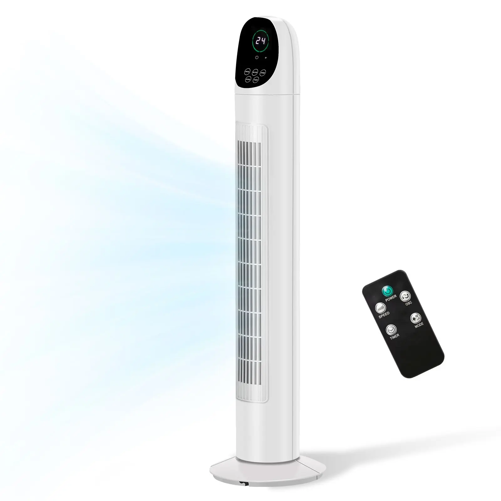 US Standard TF-36BR Tower Fan, 110V 50W, 34 Inch, No Water Tank, Remote Control & Digital Display, Plastic Material, Black & White, Concave Arc Head, 9-Hour Timer, Indoor Use