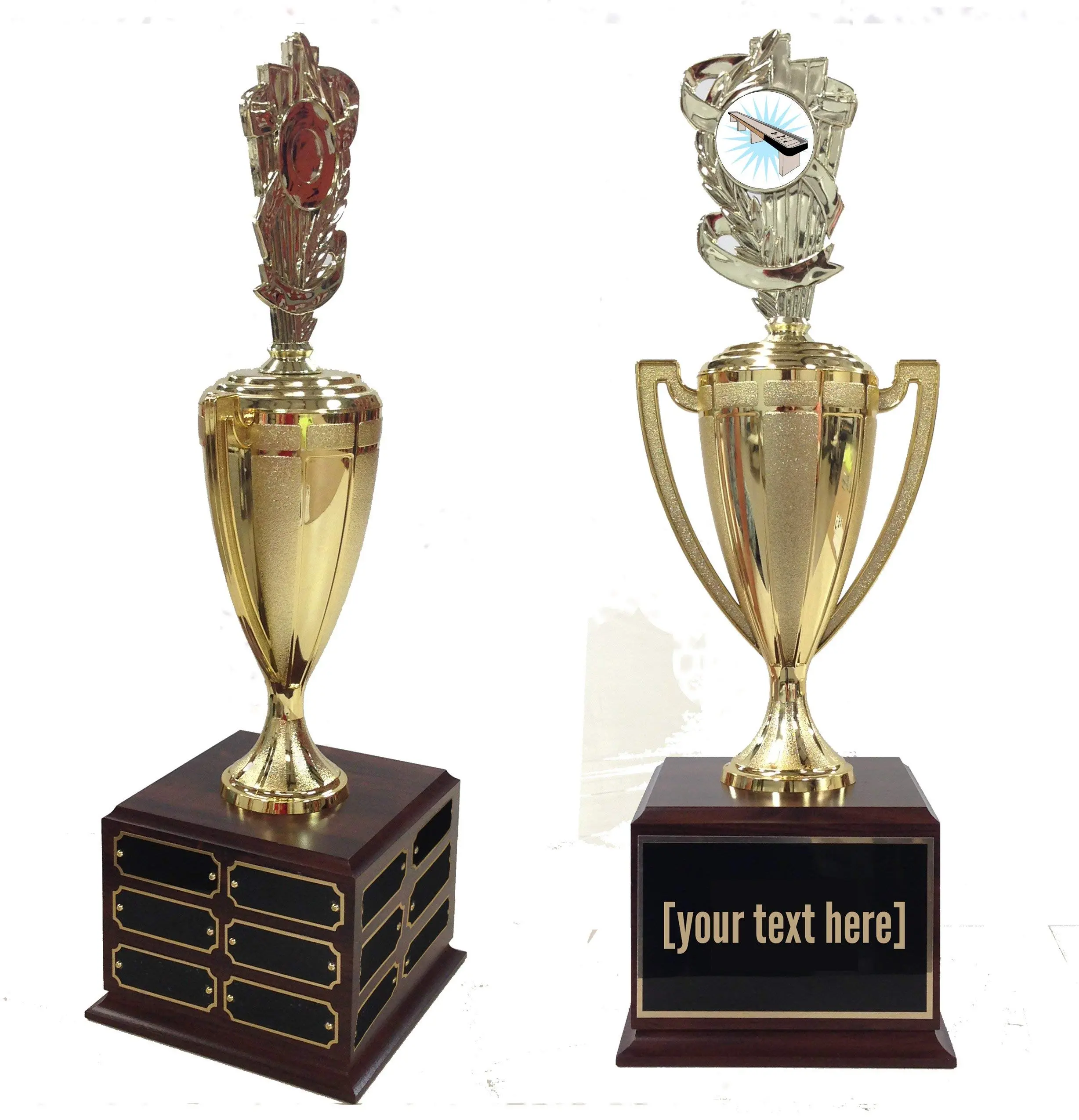 BuyAwardsandTrophies Table Shuffleboard Traveling Trophy with Logo - Plastic Trophy with Base, Awards and Trophies for Sports Competition, Prizes for Adults and Kids Gold, 18"