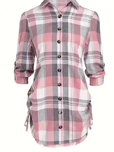 A women's pink plaid lapel rolled cuff drawstring dress, casual, fashionable, and versatile, suitable for spring and summer, ideal for daily casual wearmmuting, and going out.