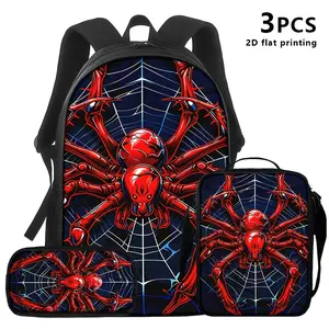 3PCS Red Spider & Web Print Backpack Set, Water Resistant School Bag + Lunch Box + Pencil Case, Lightweight, Fits 15-inch Laptop, Breathable Straps, Bold Superhero-Inspired Design for Kids & Teens