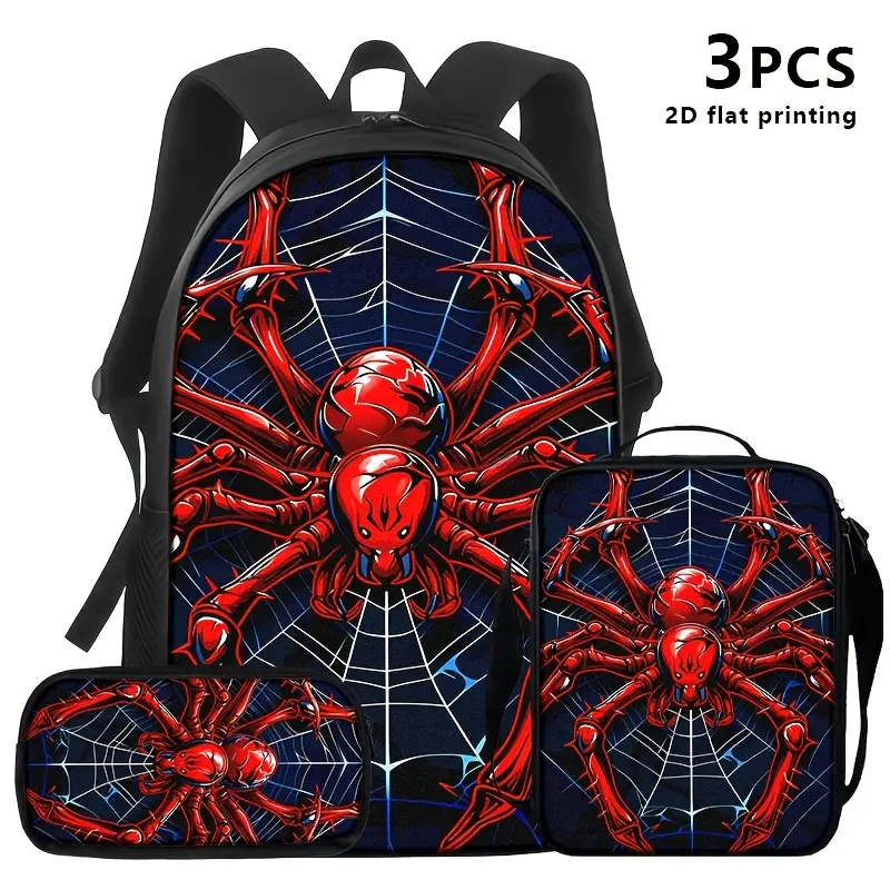 Red Spider Superhero 3-Piece Backpack Set, Comic Print School Bag + Lunch Bag + Pencil Case, Oxford Cloth Adjustable Strap Daypack for Fans & Kids