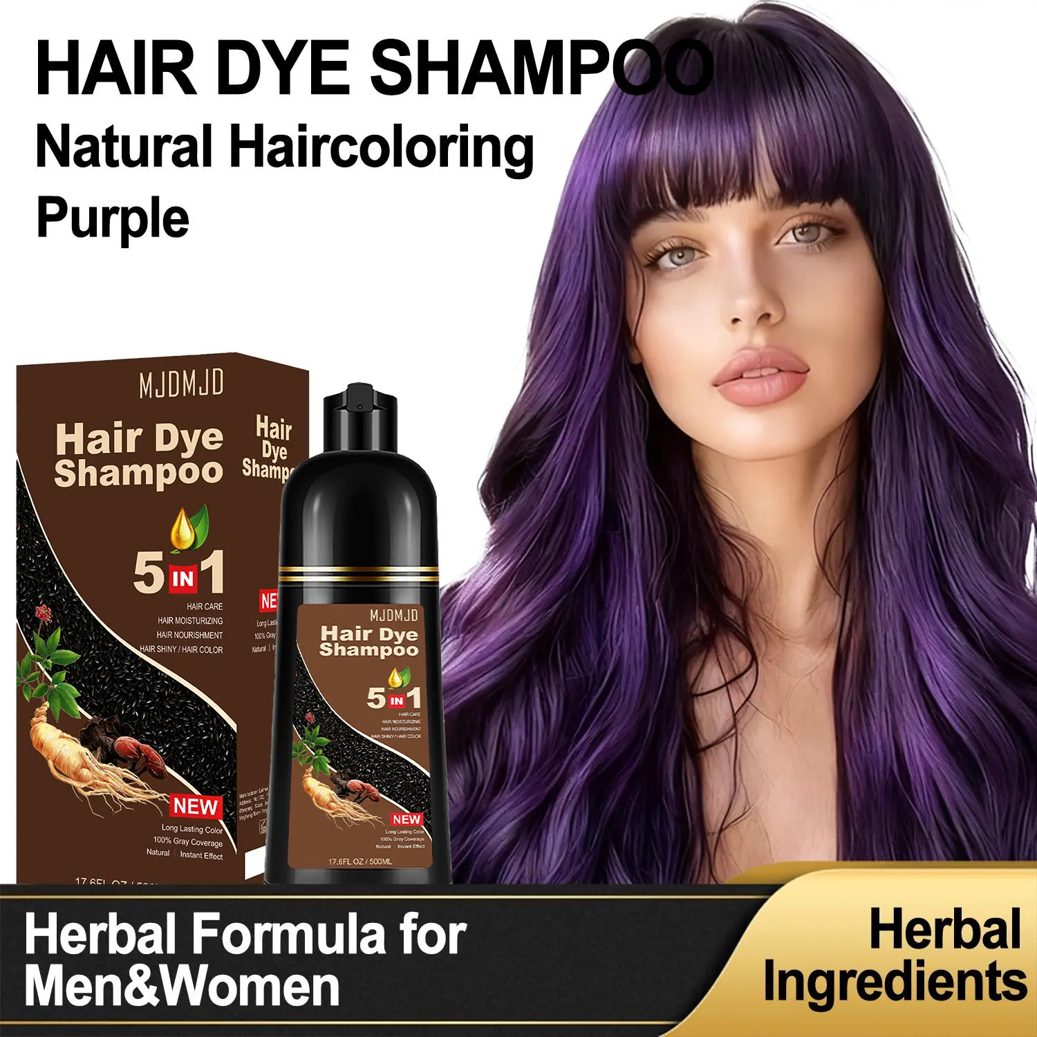 Purple Hair Dye Shampoo 3-in-1, Natural Hair Color for Men & Women, 100% Gray Coverage, Vibrant & Long-Lasting Color in Minutes, Nourishing Shampoo Para Canas 500ml / 17.6 Fl Oz Haircare