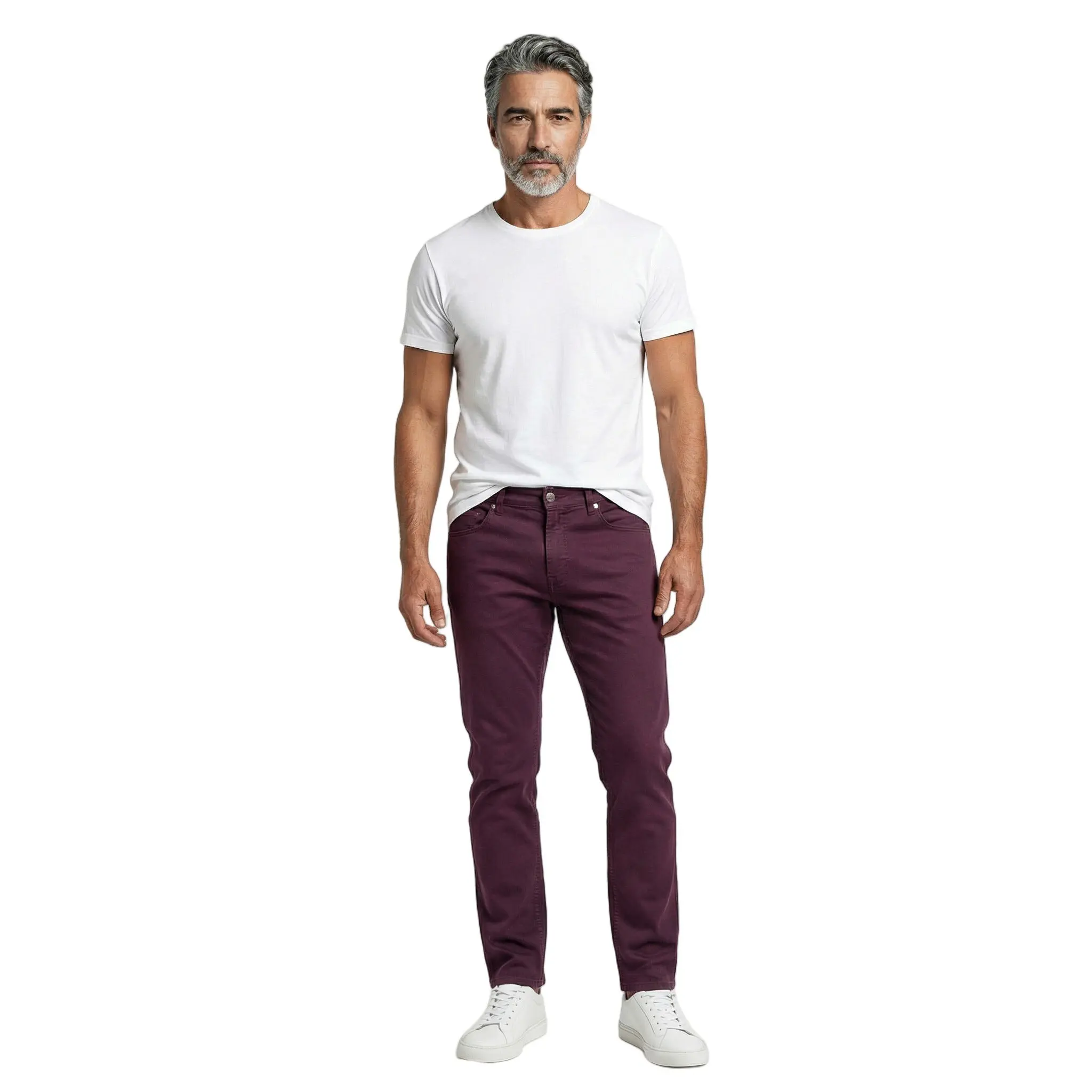 BRUNELLO CUCINELLI MEN'S BURGUNDY DENIM FIVE-POCKET TROUSERS