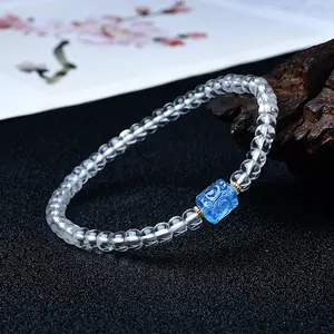 Natural Clear Quartz & Aquamarine Barrel Bead Bracelet, Wealth & Luck Healing Crystal Jewelry, Lucky Handmade Bracelet for Women/Men