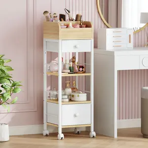 HOOBRO Makeup Organizer Cart with Fabric Drawers, Mobile Makeup Storage with Swivel Casters and Leveling Feet, Cosmetics Display Holder for Bathroom and Bedroom Vanity, White and Natural
