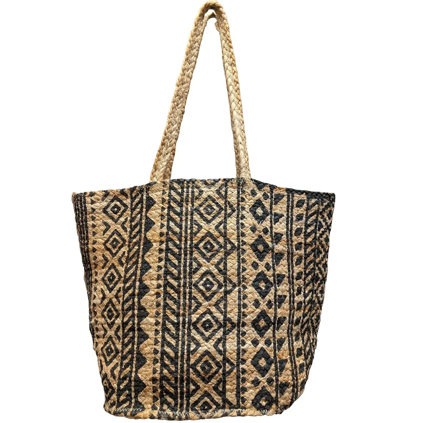 Chloe & Lex Black Block Printed Handcrafted Jute Tote Bag