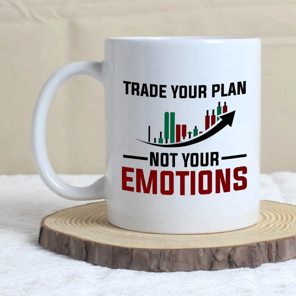 Stock Trader Coffee Mug 11oz White - "Trade Your Plan Not Your Emotions" Motivational Quote with Candlestick Chart Design - Gift for Day Trading, Financial Advisors, Stock Market Investors