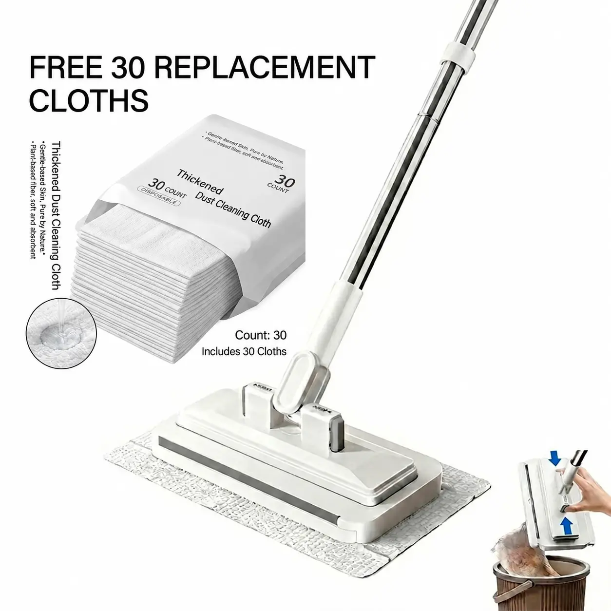 Lightweight Disposable Flat Mop Set with Eject Button, 60 Free Cloth Pads, Adjustable Telescoping Handle, Thick Absorbent Cloths for Deep Clean on Home/Office Hardwood, Tile Floors