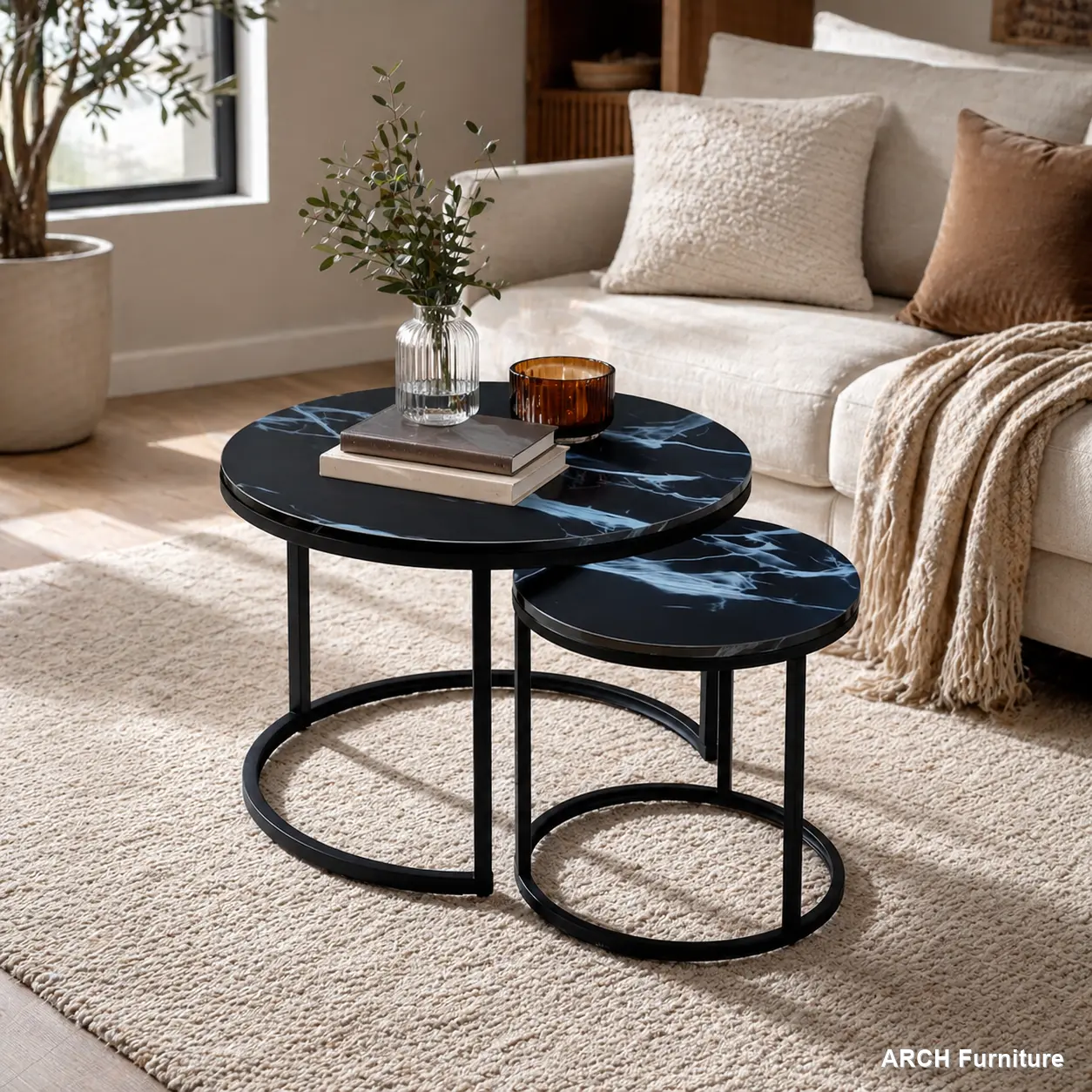 2-Piece Modular Nesting Contemporary Coffee Tables - Faux Marble Tabletop, Black Metal-Tone Frame, Industrial Simple Design, Decorative Indoor Living Room Bedroom Furniture, Contemporary Coffee Table