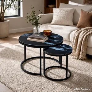 2-Piece ARCH Nesting Coffee Tables - Black Top, Black Frame, Circular Marble Pattern Wooden Design, Modern Industrial Simple Furniture for Living Room, Bedroom, Coffee Table, Furniture Living Room