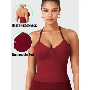 Women's Solid Halter Removable Pads Sports Singlets, Sporty Backless Sleeveless Tops for Yoga Gym Workout, Ladies Sportswear for Summer