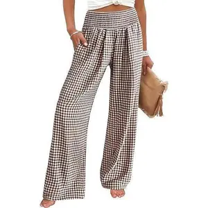 2026 Spring/Summer Women's Popular Checkered Loose Casual Printed Cotton and Hemp Pulling Mid Waist Style Wide Leg Pants