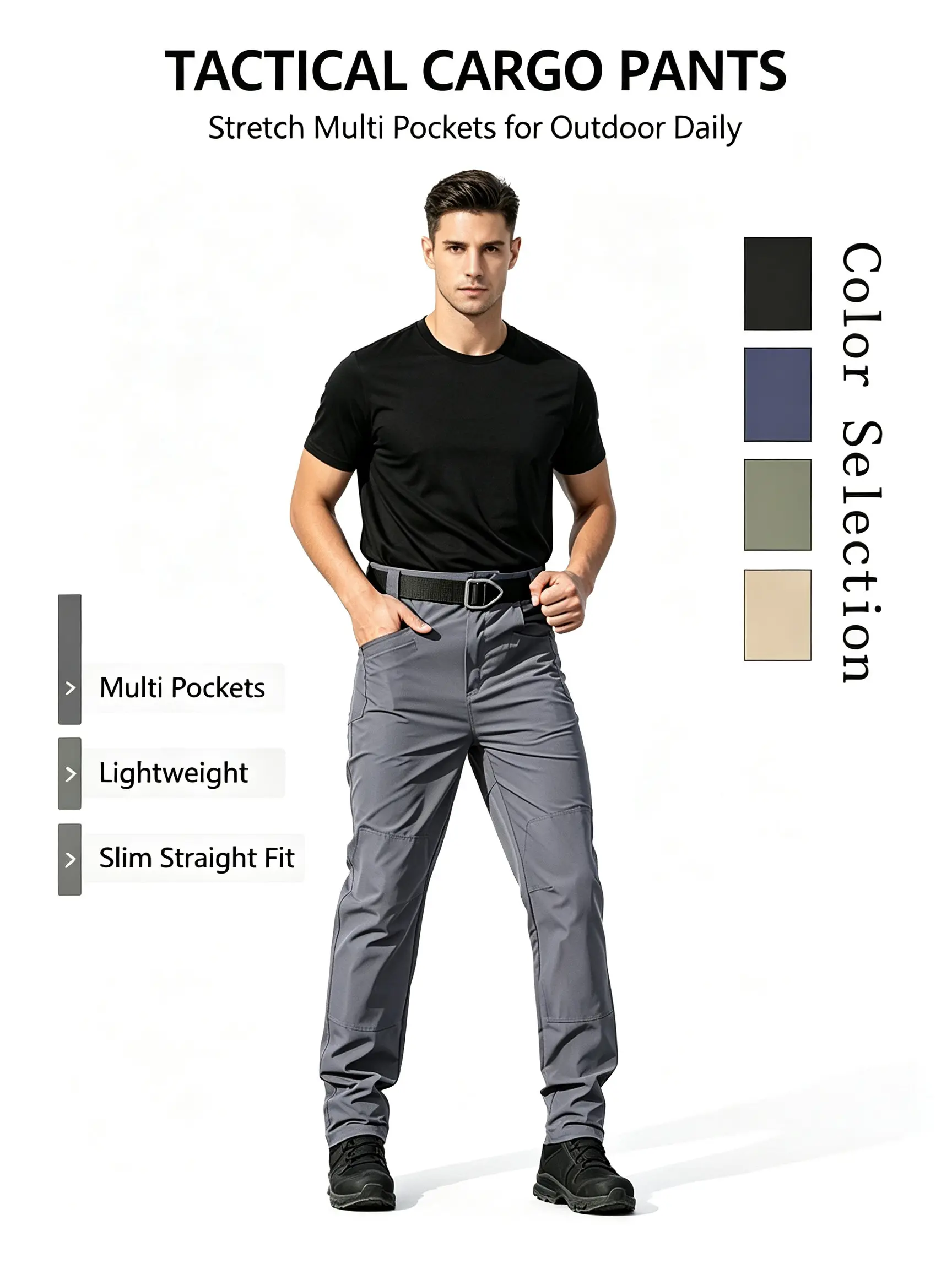 Men’s 100% Polyester Tactical Cargo Pants – Stretch, Multi Pockets, Lightweight Outdoor Hiking Work Pants