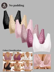6PCS Women's Elegant Patchwork Bralette Set, Front Opening Buckle Contrast Lace Design, Unlined U-Back Everyday Wear, All Seasons Comfort