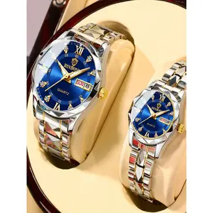 Couple Casual Water Resistant Watch, Fashion Waterproof Round Dial Analog Stainless Steel Quartz Watch Set with Date & Week Display Function, Modern Trendy Accessories As Gift, Luminous Waterproof Watch, Fashionable Waterproof Watch