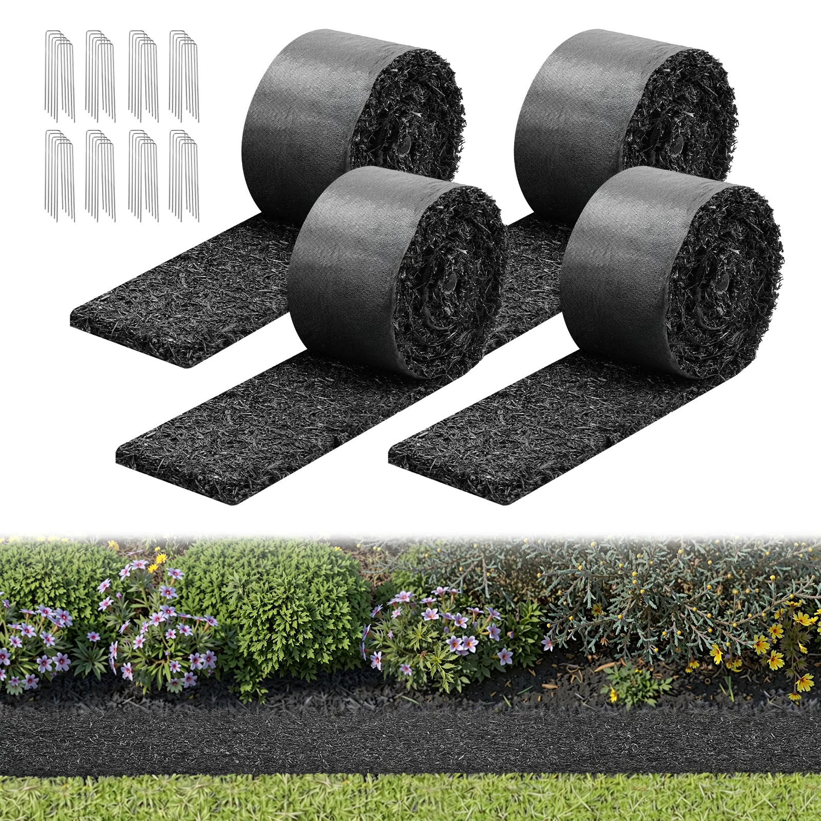 VEVOR Rubber Mulch Mat Roll, 4 Rolls 120 x 4.5 in, Recycled Rubber Permanent Mulch Edging Border, Natural-Looking Flower Barrier with Stakes, 0.5 in Thick Cuttable Garden Edgings for Landscaping