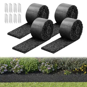 VEVOR Rubber Mulch Mat Roll, 4 Rolls 120 x 4.5 in, Recycled Rubber Permanent Mulch Edging Border, Natural-Looking Flower Barrier with Stakes, 0.5 in Thick Cuttable Garden Edgings for Landscaping