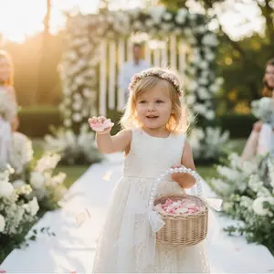 Elegant Flower Girl Basket with Pearl Handle, Wicker Wedding Basket with Bows for Rustic or Classic Ceremony Accessory Faux