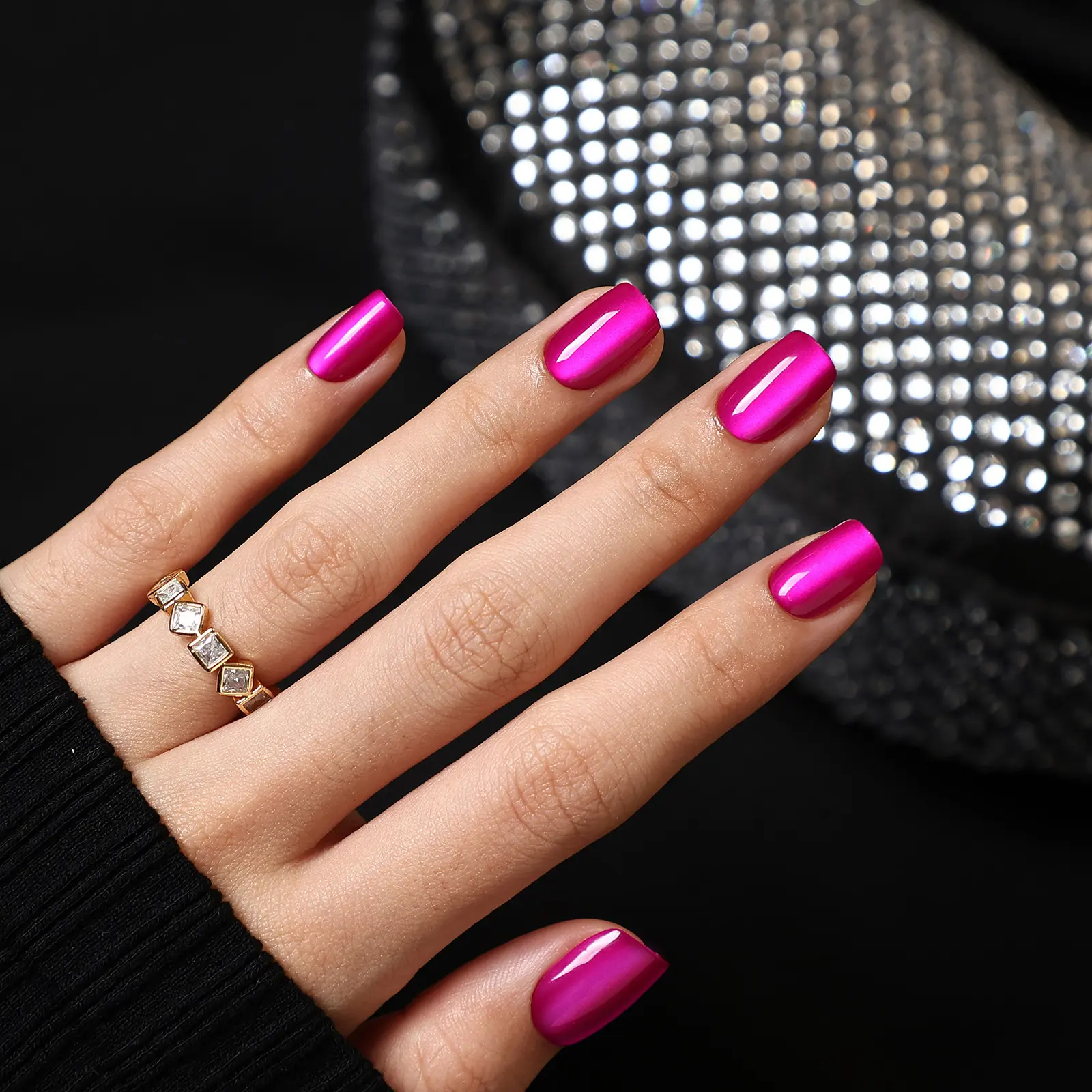 Manimood Playful Mood Electric Fuchsia Metallic Hot Pink Short Square Press-On Nails, 32 Pcs