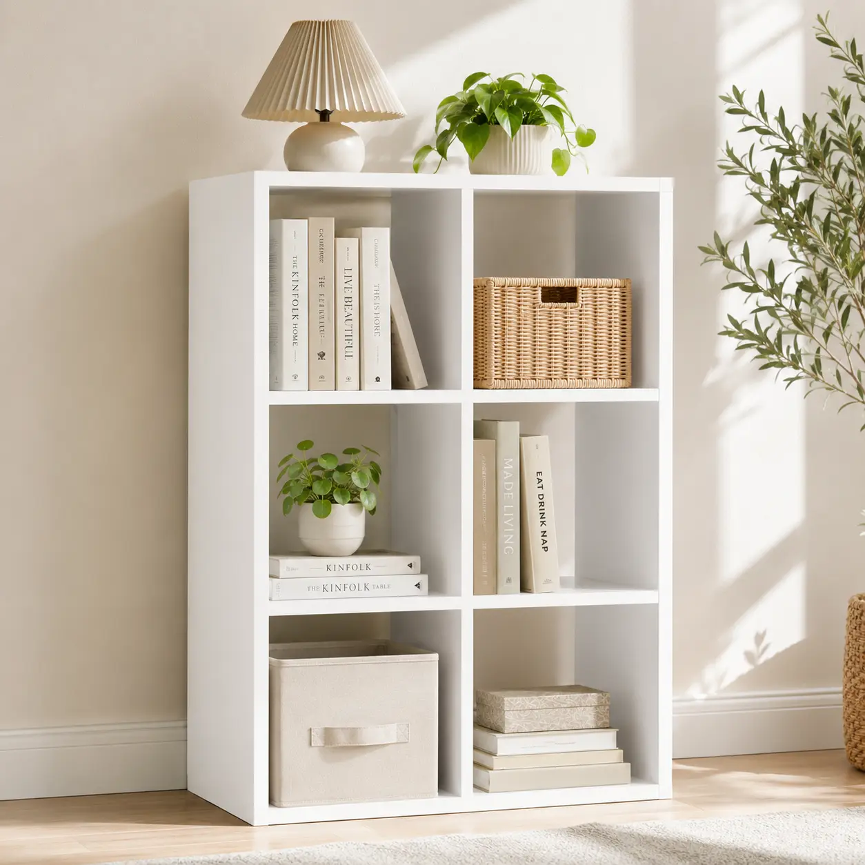6-Cube Storage Organizer, Fits 11" Bins, Vertical or Horizontal Use, Opening Bookshelf, Partial Back Panels, Stackable Design Bookcase, for Closet, Bedroom, Home Office, White