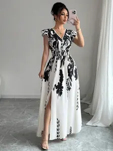 V-Neck Butterfly Sleeve Maxi Dress, Hawaiian Floral Print, Vacation Beach Outfit
