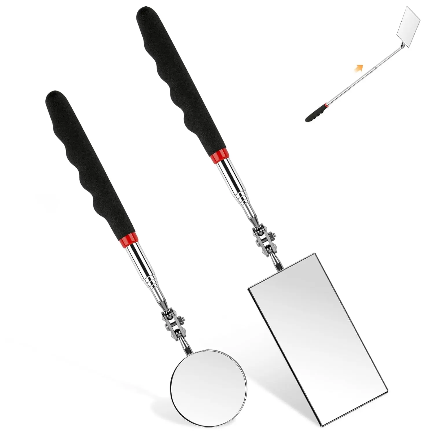 2 count Telescoping Inspection Mirror, 360 Swivel Extendable Mechanic Automotive Mirrors Tools, Rectangular Round Mirror on a Stick for Mechanics, Automotive Repair, Contractors,  Inspection