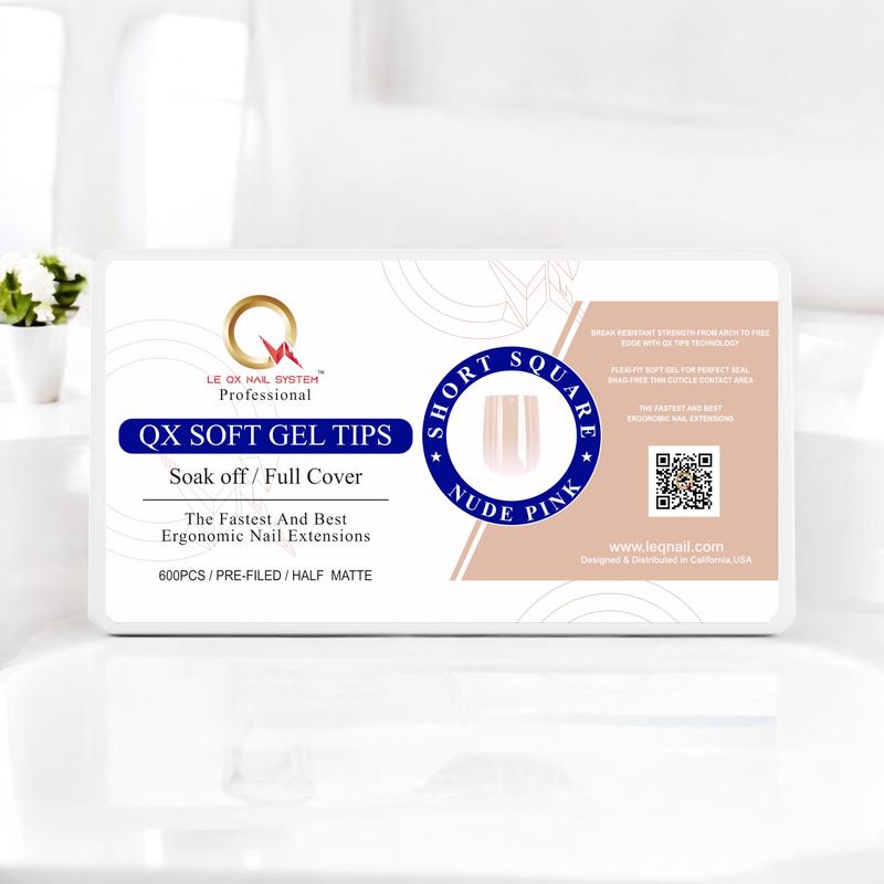 QX SOFT GEL TIPS - SHORT SQUARE - LIGHT PINK Full Coverage/ Prefile . Buy 3 FREE 1