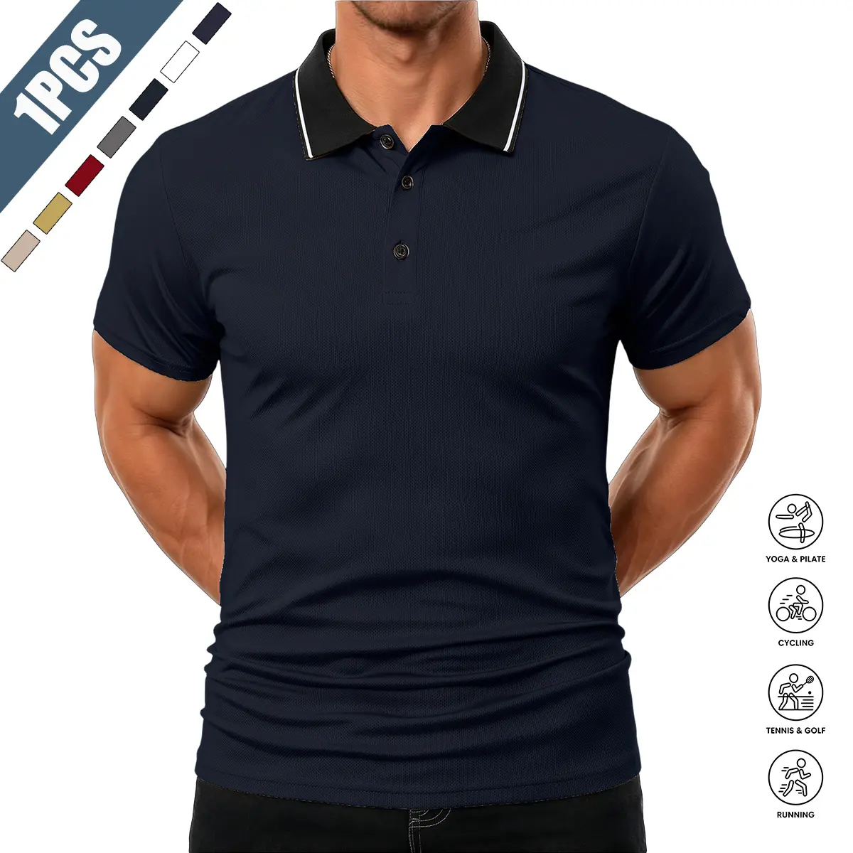 Men's Button-Front Contrast Collar Piqué Mesh Short-Sleeve Polo Shirt - 100% Polyester Male Top, Quick-Dry, Breathable, Slim Fit for Golf & Office Business Casual Use
