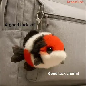 Lucky Koi Fish Plush Keychain Cute Heart-Shaped Carp Pendant With Round Ring Charm Soft Fish Bag Accessory For Gifting