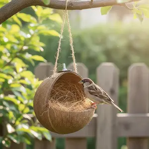 Bird Nest Coconut Shell Parrot Cage, Handmade Grass Woven Birdhouse, Natural Habitat for Birds & Pet Toys, Ideal for Breeding, Bird Cages