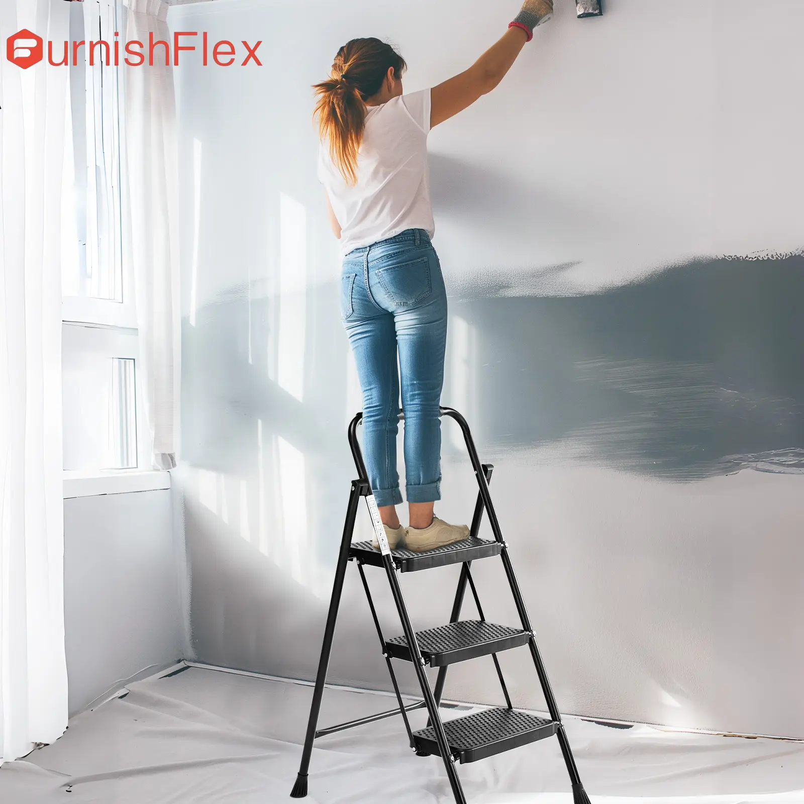 Household portable 3-layer step ladder, with safety buckle stable and safe