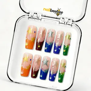 NailBeeBee｜10PCS 100% Handmade Press-On Nails｜D117 1.3 Inch｜Reusable Colorful Art Acrylic Stylish｜Y2K Rainbow Gradient Star
