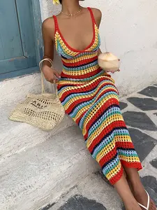 Women's Rainbow Striped Halter Dress, Summer Beachwear, Casual Vacation, Fashionable Ladies Clothing, Womenswear Style