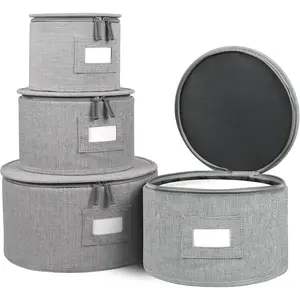 4-Piece Hard Shell Plate Storage & Transport Set, Stackable Dish Container with Label Window for Saucers, Includes Felt Plate Dividers for Dish Protection