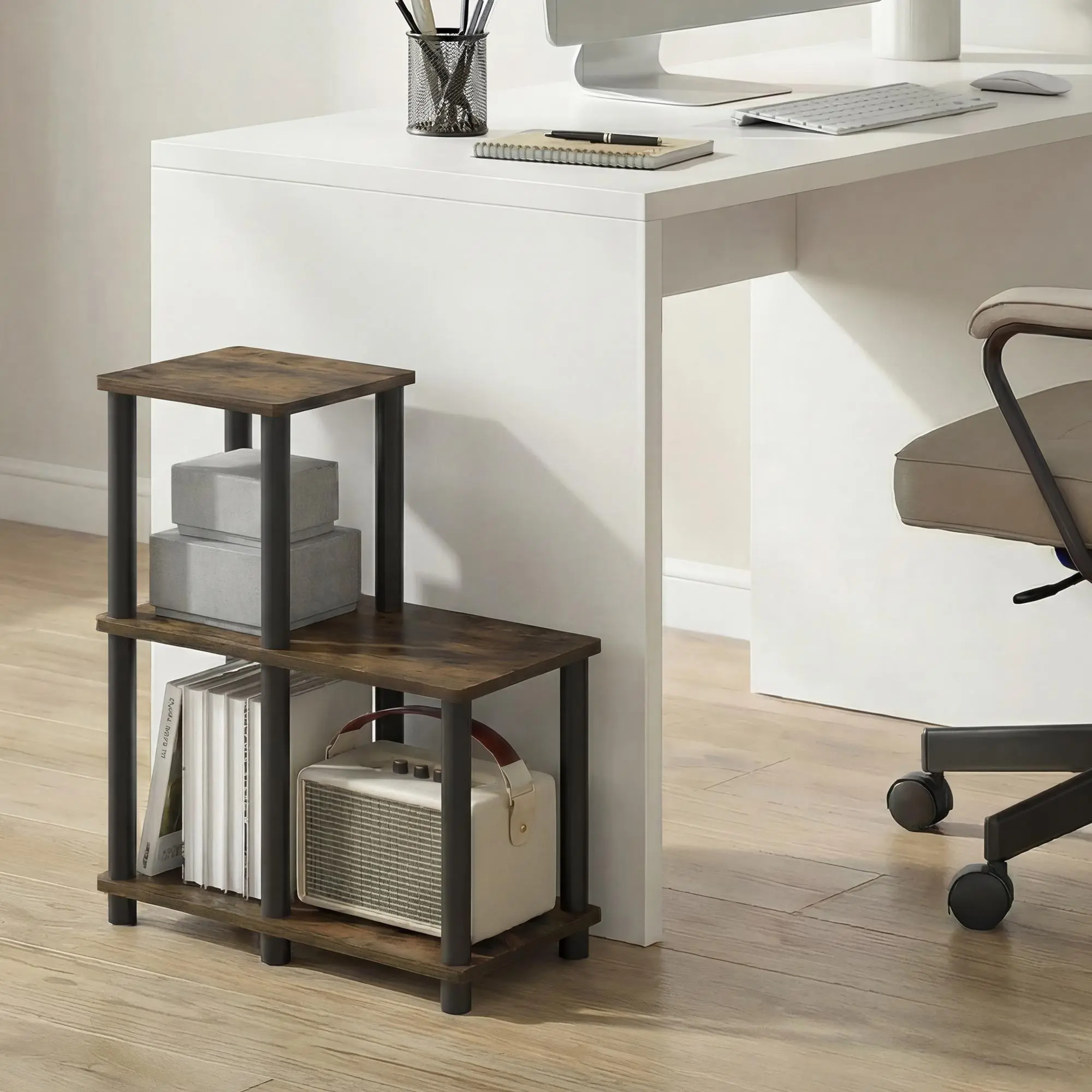 TURN-N-TUBE Storage Shelves, 5-Tier Bookshelf, Corner Shelf, Toolless Open Shelves, for Organization and Storage, Living Room, Garage, Home Office, Amber Pine, Space-Saving Small Furniture for Home Organization, Apartment, Dorm and Small Spaces