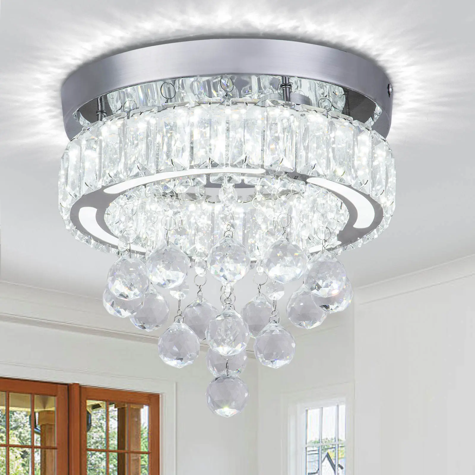 Modern Round Crystal Chandelier with Orb Pendants, Remote Control, Stainless Steel Base, for Bedroom/Living/Dining Room, Elegant Lighting  QH-MC060
