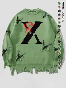 Men's Pattern Sweaters Retro Gothic Long Sleeve Crew neck Pullover knitted Top, Knitwear Tops, Grunge Skull Dollars Design, Aesthetic Gesture Warm Loose Fit Comfortable Jumper,Daily life,Hip-hop, Street wear, Going Out, Halloween Fall Winter Clothes