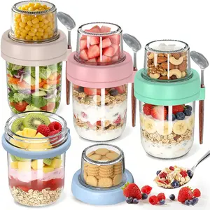 4 Pack 20oz Overnight Oats Containers with Lids and Spoons, Glass Mason Jars with Dry Wet Separation, Dual-Layer Jars for Oatmeal Salad Yogurt Meal Prep