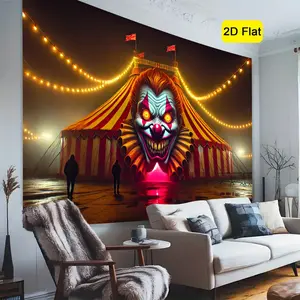 2D Flat, 1pc Clown Carnival Party Backdrop - Circus Tent Night Scene with Glowing Eyes - Vibrant Red & Yellow Circus Decorations - Lightweight Polyester Banner for Birthday, Photo Booth, Halloween, Carnival Party Decorations - Indoor/Outdoor Horror