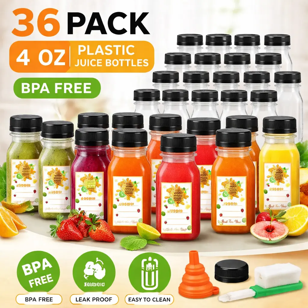 36-Pack 4oz Clear Reusable Small Plastic Juice Bottles with Caps - Empty Bulk Beverage Containers for Juice, Milk, Water - Ideal for Events, Homemade Gift Giving