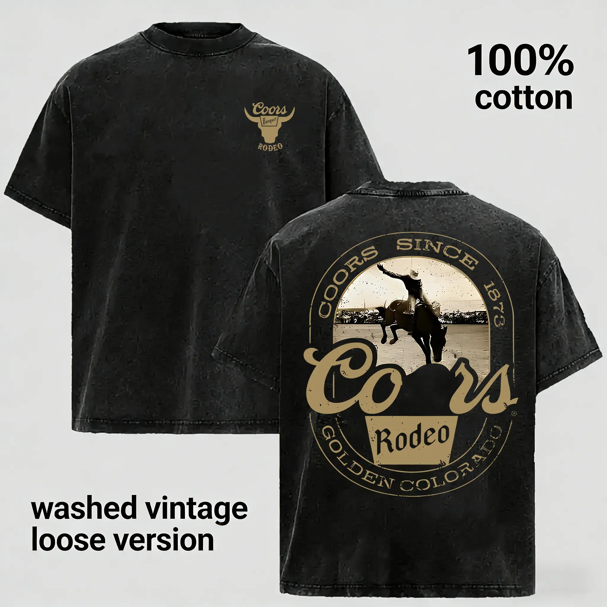 Vintage Washed Rodeo Graphic T-Shirt for Men, 100% Cotton Loose Fit Casual Streetwear Tee, Western Cowboy Bull Riding Print Shirt, Retro Ranch Style Oversized T-Shirt, Soft Breathable Fabric Summer Top, Unisex Trendy Country Style Gift Menswear Tshirt