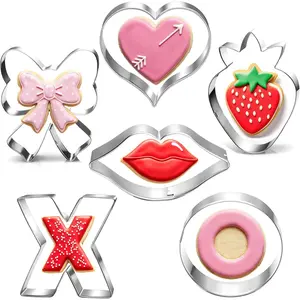 6- Valentines Cookie  Set, Large Heart, Lips, X & O, Strawberry,  Bow Shapes - Dishwasher Safe Stainless Steel Molds for Wedding, Galentine's, Bridal Shower & Baking